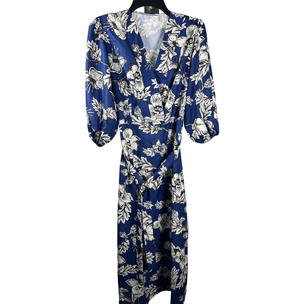 Blue White Floral Print Wrap Midi Dress Belted Long Sleeve Polyester L‎